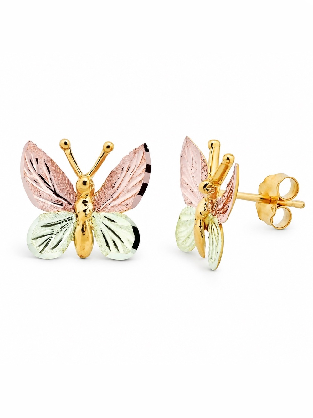 Gold Butterfly Stud Earrings with Pink and Light Green Wings